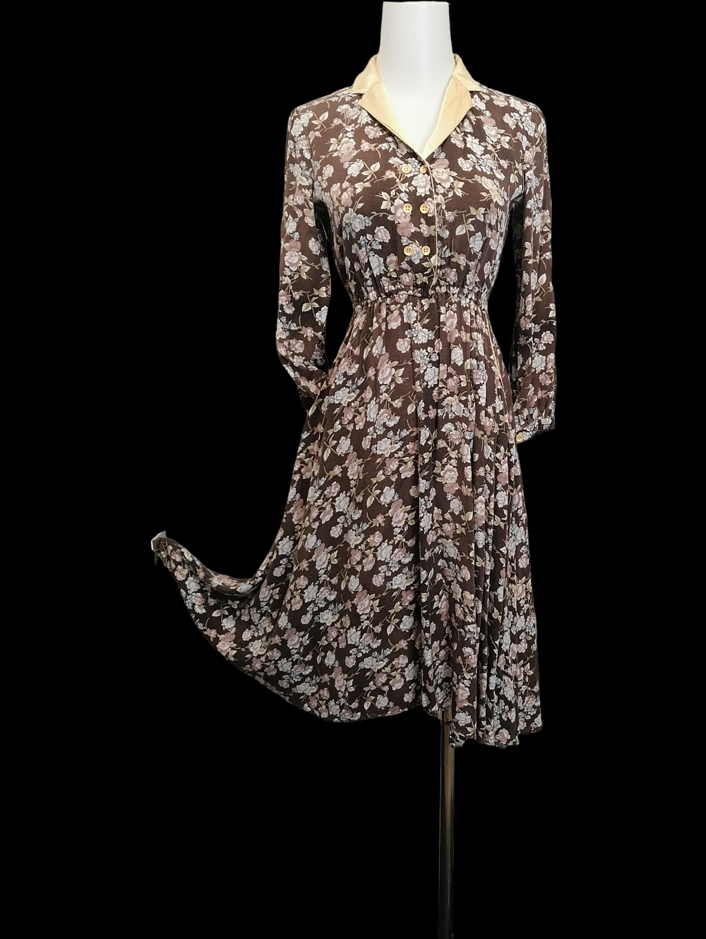 🦉 Brown Floral Collared Midi Dress with Cream Accents by SAKURA